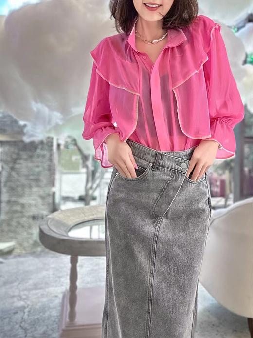 TYNVIE 立领雪纺长袖衬衫-粉色 商品图3