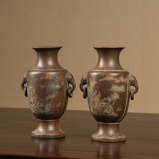 清 王南林款紫砂山水环耳赏瓶（一对） 商品图4