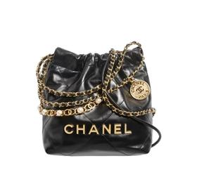 CHANEL香奈儿 22Bag 24A 品牌Logo抽绳开合 季节限定珍珠链条 亮面 小牛皮 单肩斜挎包 迷你 黑色（HH）