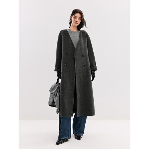 棉仓357666002-羊毛流苏围巾款双面呢大衣外套 商品图2