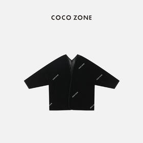 COCO ZONE 黑色丝绒奶奶服外套V斜领长袖宽松显瘦 23C19406
