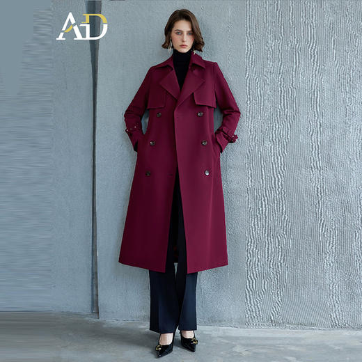 AD红色风衣女款2024新款春秋长袖外套宽松版中长款显瘦双排扣大衣 商品图2