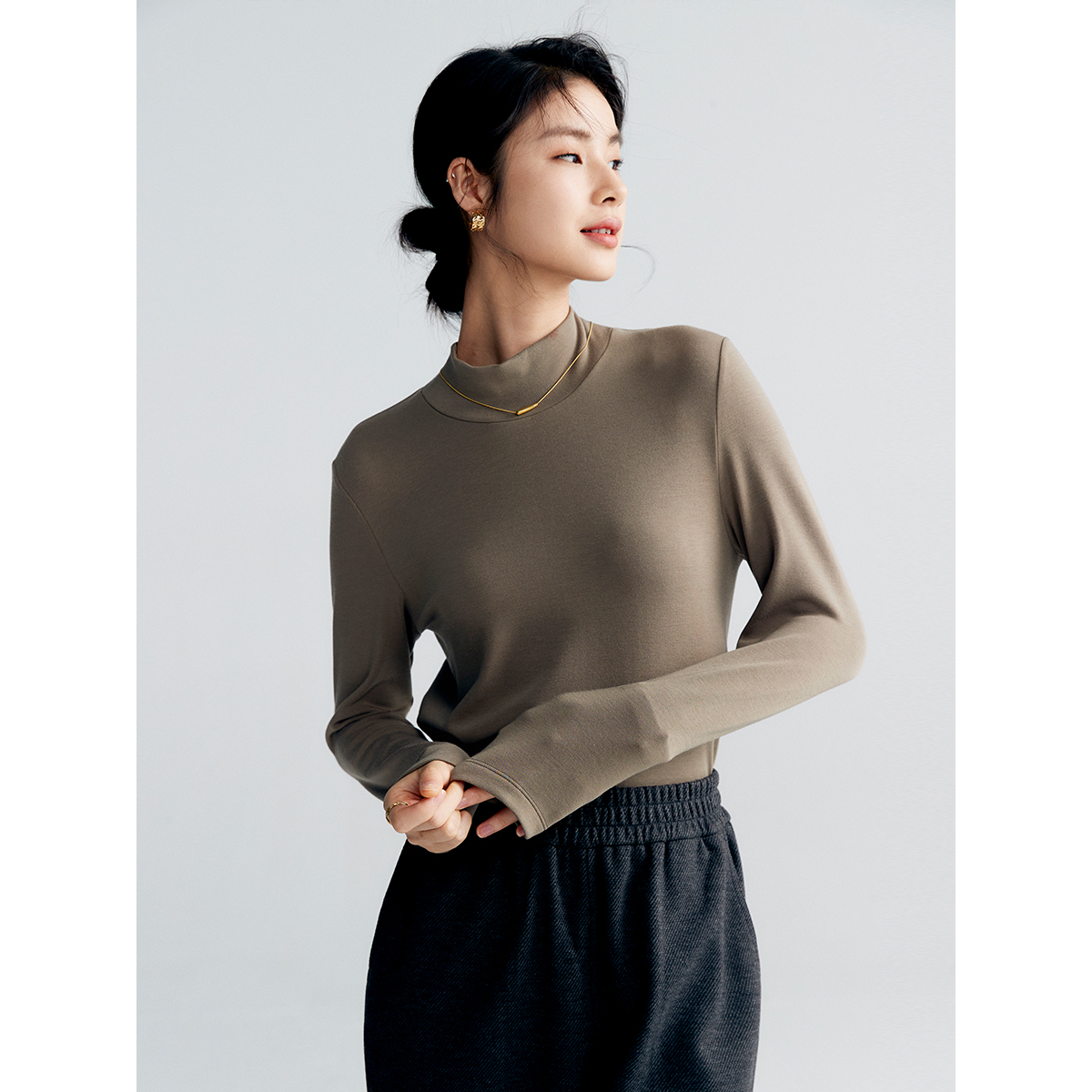 棉仓346601017-蓄热保暖长袖T恤女半高领 冬季美雅碧白色打底衫厚润内搭体恤