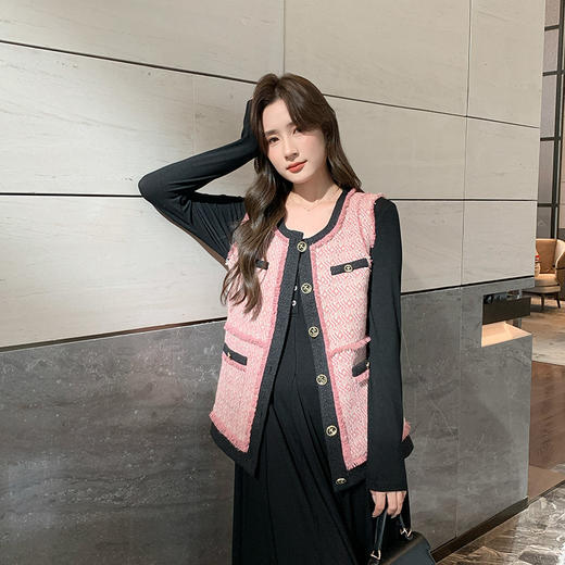 奢姿2024秋季新款大码女装胖妹妹减龄撞色马夹针织连衣裙穿搭套装9943390196 商品图0