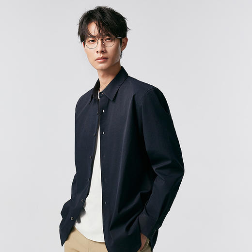 棉仓356804009-合体正肩轻量抗皱中空纱长袖翻领衬衫 商品图1