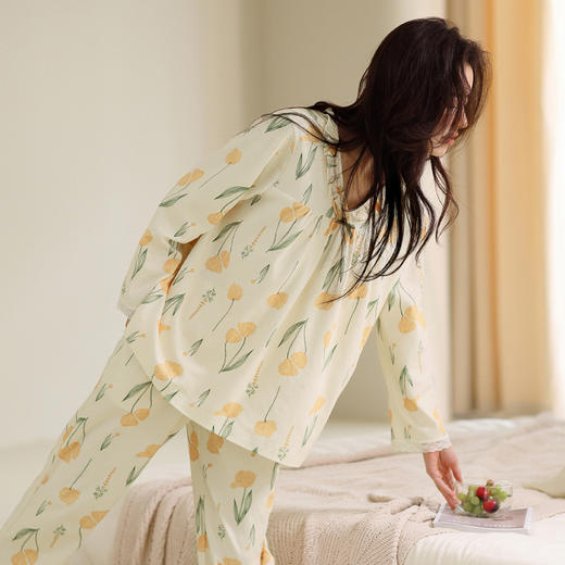 芬腾睡衣女纯棉长袖可外穿春秋款V领花卉秋季休闲全棉家居服套装 商品图0