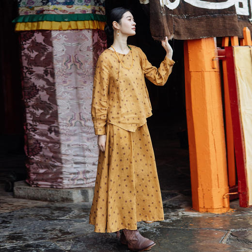 绽放628朵/早秋*亚麻新中式波点印花不对称A摆衬衫半身裙套装 商品图0