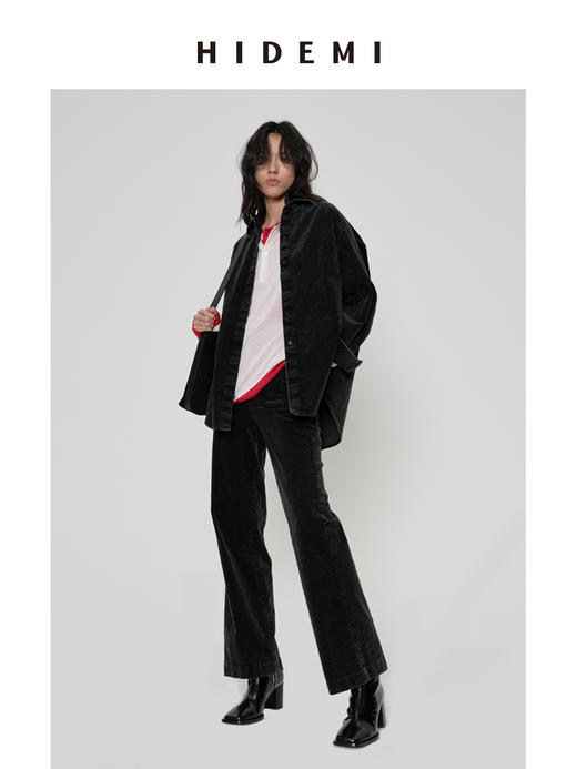 HIDEMI 多重水洗做旧感磨砂灯芯绒中高腰显瘦直筒裤 商品图3