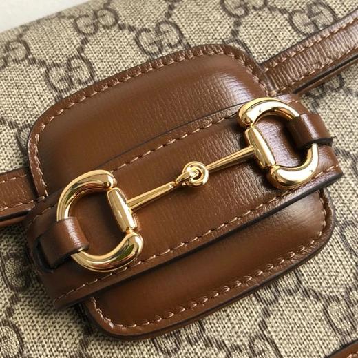 古驰 Horsebit 1955 马衔扣复古金扣老花Logo条纹织带 皮革 马鞍包斜挎单肩包 迷你 男女同款情侣款 乌木色/棕色（CB） 商品图4