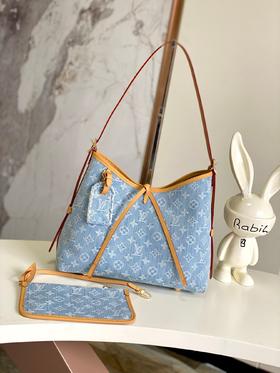 驴家|lv Carryall Sky Denim系列 PM 字母徽标可调节肩带 帆布拼皮革 帆布包手提单肩包 小号 女款 蓝色（CB）