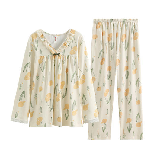 芬腾睡衣女纯棉长袖可外穿春秋款V领花卉秋季休闲全棉家居服套装 商品图4