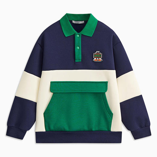 【MQD】童装男大童学院风翻领卫衣新款加绒保暖儿童撞色大口袋上衣新 商品图4