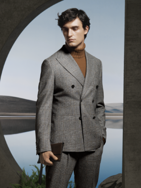 Stylbiella 澳洲美丽诺羊毛半精梳中灰色亲王格全麻衬西装套装