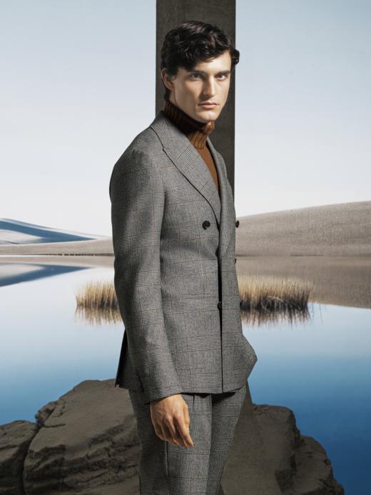 Stylbiella 澳洲美丽诺羊毛半精梳中灰色亲王格全麻衬西装套装 商品图1