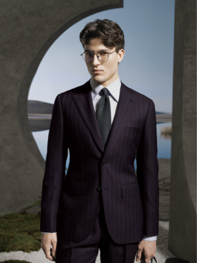 Stylbiella Knight 澳洲美丽诺羊毛360克高克重深酒红宽条纹全麻衬西装套装