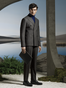 Stylbiella 澳洲美丽诺羊毛半精梳中灰色宽条纹全麻衬西装套装