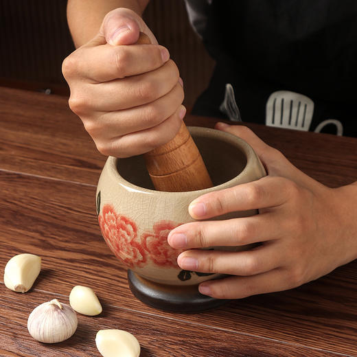 陶煲王冰裂釉陶瓷蒜臼研磨器手动厨房复古擂辣椒蒜泥捣蒜捣器家用 商品图1