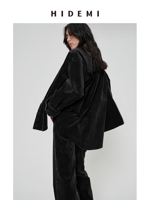 HIDEMI 多重水洗做旧感磨砂灯芯绒极简廓形炭灰色oversize厚款衬衫外套 商品图4