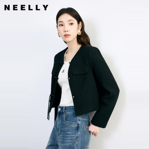 NEELLY纳俪2024秋商场同款新中式盘扣黑色短外套羊毛混纺女新款N24084C04593 商品图0