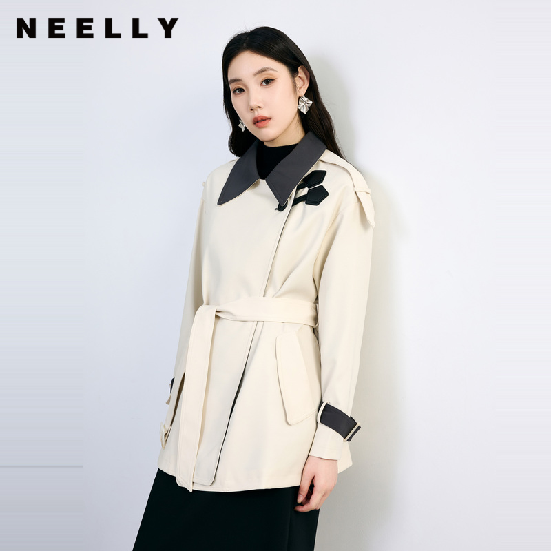 NEELLY纳俪2024秋商场同款气质通勤一手长风衣女新款宽松撞色外套N24084F04599