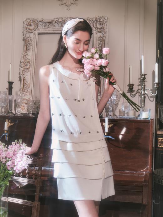 手工钉钻米白色无袖宴会连衣裙 商品图0