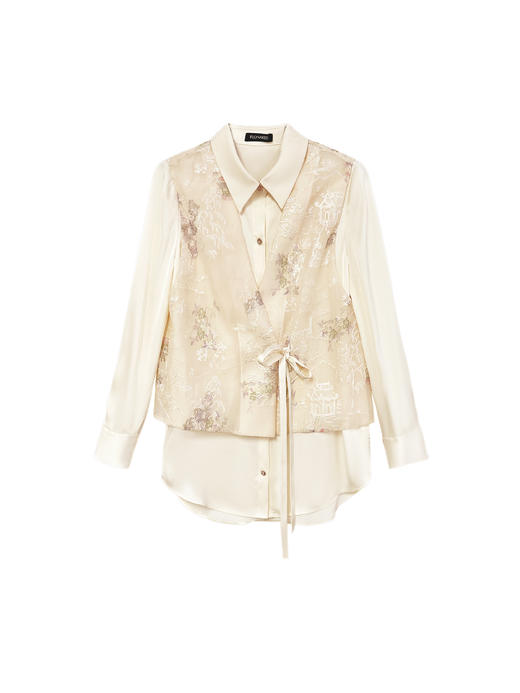 新中式绣花假两件杏色上衣 商品图0