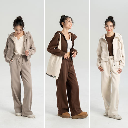 L RECNAVA 显高显瘦加绒卫衣卫裤 短款拉链连帽外套 腰部螺纹松紧抽绳直筒卫裤休闲套装 商品图0