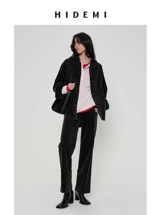 HIDEMI 多重水洗做旧感磨砂灯芯绒极简廓形炭灰色oversize厚款衬衫外套 商品图1