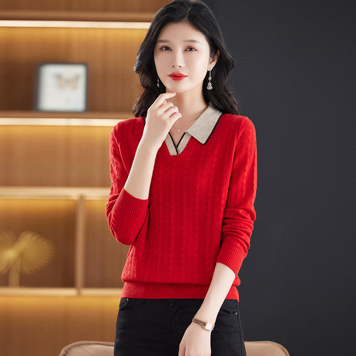 CC-28-A611长袖t恤女春秋气质polo领羊毛针织衫上衣薄款宽松打底衫 商品图0