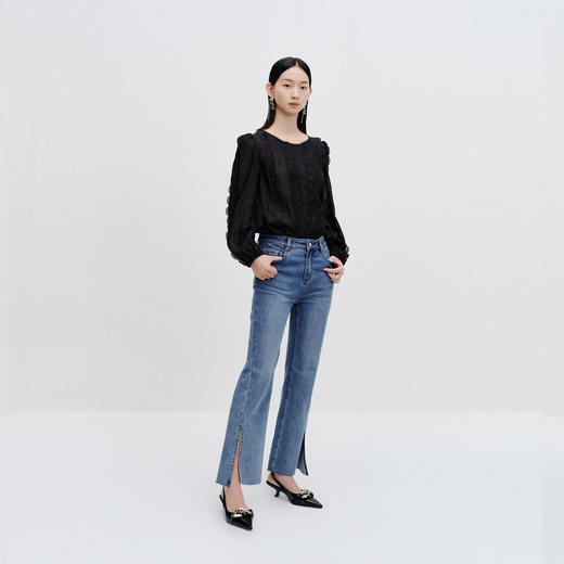 NEELLY纳俪商场同款蓝色牛仔裤女修身阔腿微喇长裤百搭时尚秋季N24084H04659 商品图2