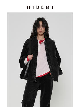 HIDEMI 多重水洗做旧感磨砂灯芯绒极简廓形炭灰色oversize厚款衬衫外套