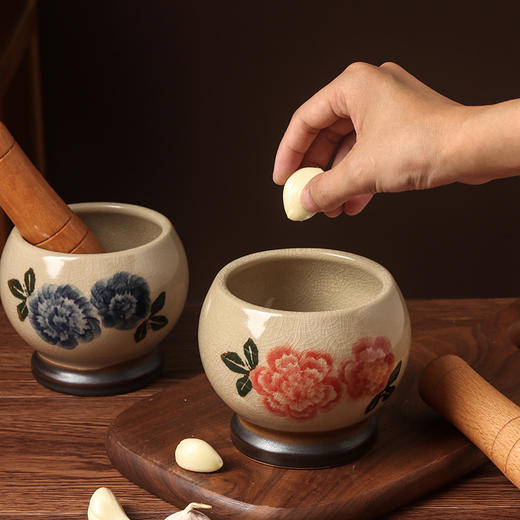 陶煲王冰裂釉陶瓷蒜臼研磨器手动厨房复古擂辣椒蒜泥捣蒜捣器家用 商品图3