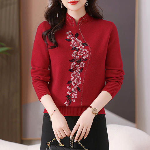 CC-MS-6901宽松2024年新款秋冬针织小衫绣花国风时尚毛衣立领盘扣上衣 商品图0