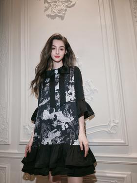 新中式手绘印花黑色蝴蝶结A型连衣裙