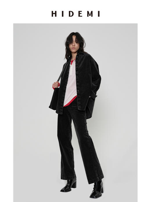 HIDEMI 多重水洗做旧感磨砂灯芯绒极简廓形炭灰色oversize厚款衬衫外套 商品图2