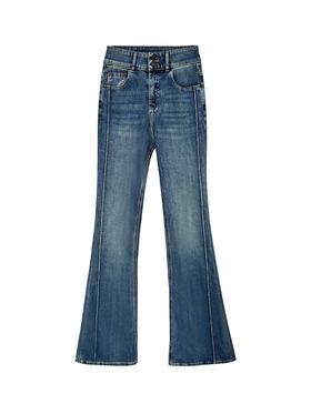 双纽扣腰头线条分割深蓝喇叭裤