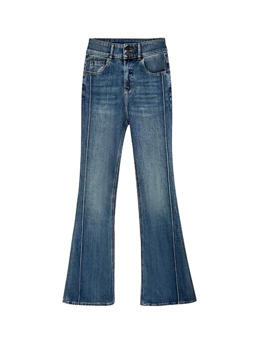 双纽扣腰头线条分割深蓝喇叭裤 商品图0