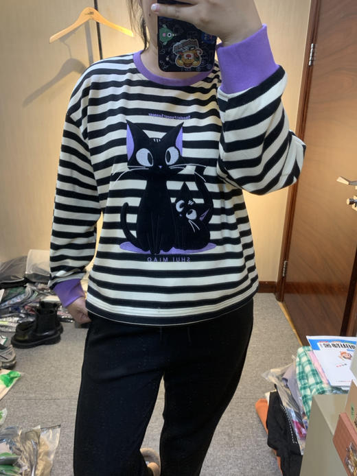 水淼2024秋冬新款黑白条猫咪针织衫9028 商品图1