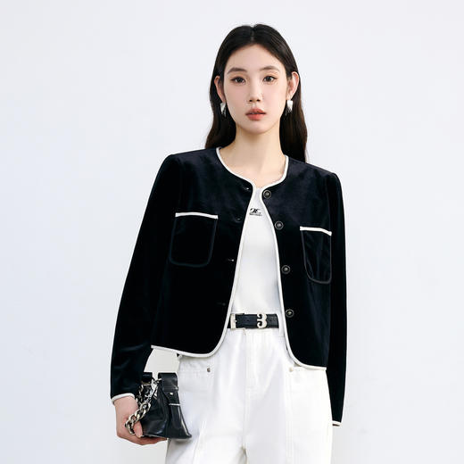 NEELLY纳俪2024秋商场同款气质小香风黑色短外套上衣女新款撞色N24084C04592 商品图2