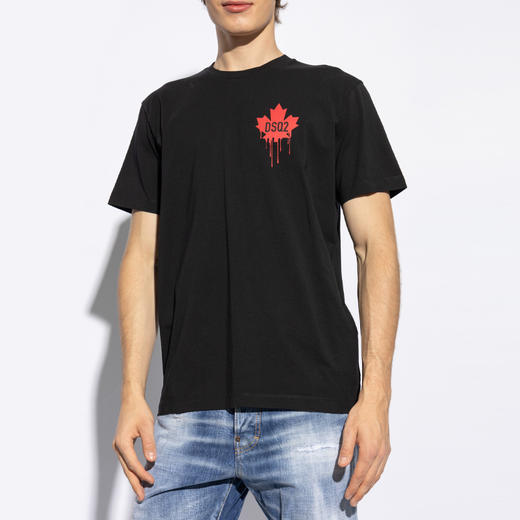 【二】DSQUARED2 男士枫叶徽标印花棉质平纹针织圆领短袖T恤 黑色 S74GD1358 D20014 900 商品图1