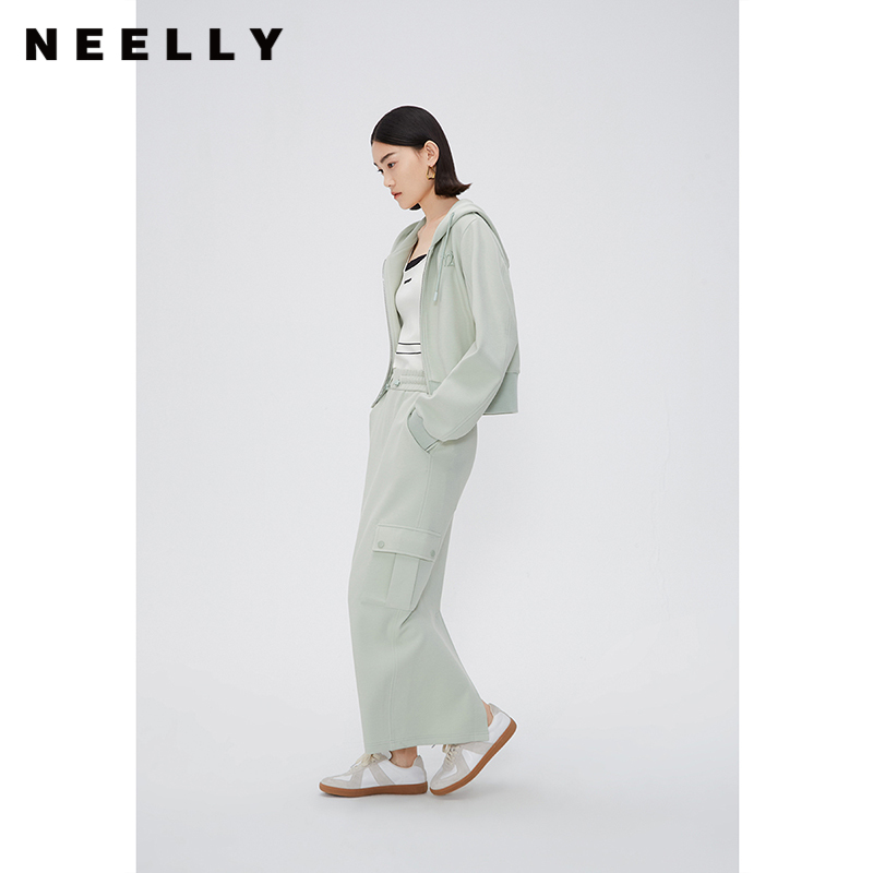 NEELLY纳俪商场同款时尚套装女后开叉直筒休闲工装裙百搭连帽外套N24084Z04656