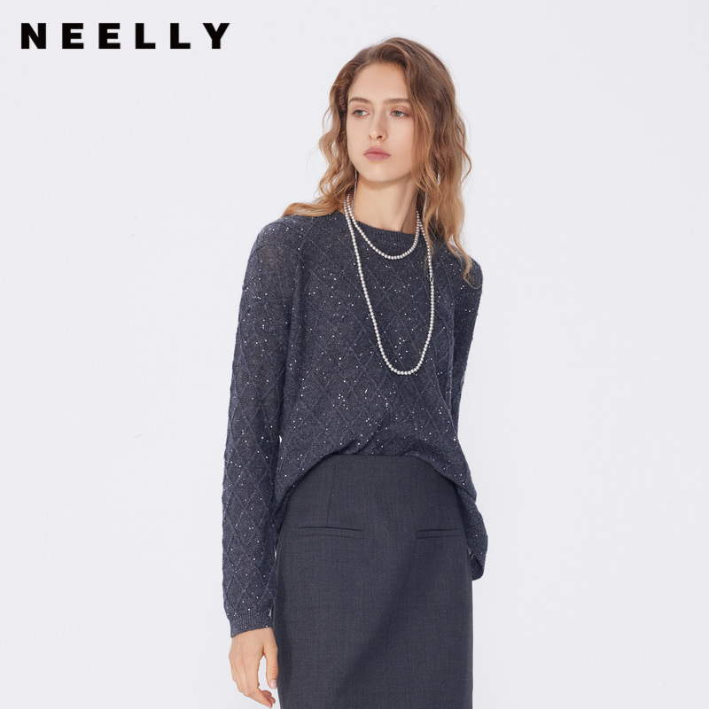 NEELLY纳俪2024秋商场同款老钱风格纹肌理感圆领针织衫毛衣女新款N24091A01158