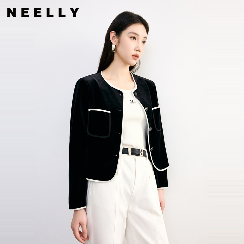 NEELLY纳俪2024秋商场同款气质小香风黑色短外套上衣女新款撞色N24084C04592