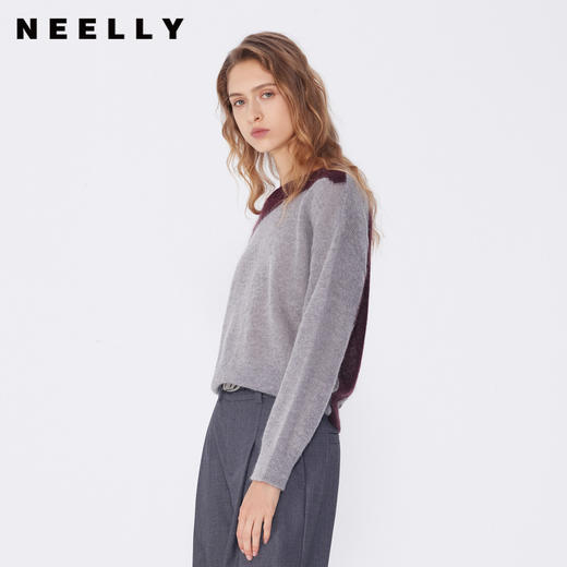 NEELLY纳俪2024秋商场同款设计感拼接马海毛套头针织衫女新款毛衣N24091A01159 商品图0