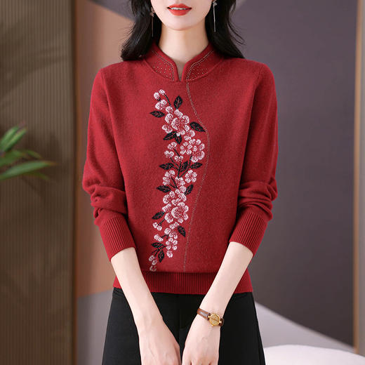 CC-MS-6901宽松2024年新款秋冬针织小衫绣花国风时尚毛衣立领盘扣上衣 商品图2