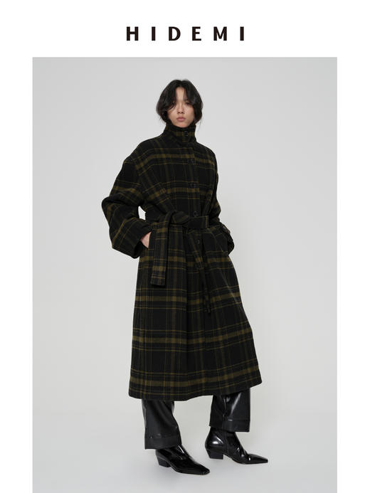 HIDEMI 【赵露思同款】极简大廓形色织格纹羊毛翻领可拆卸腰带式落肩宽松长款厚款大衣 商品图0