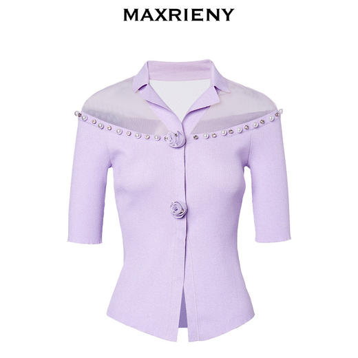 MAXRIENY淡紫欧根纱拼接v领套头针织衫温柔浪漫上衣(货号:MC88SW505) 商品图4