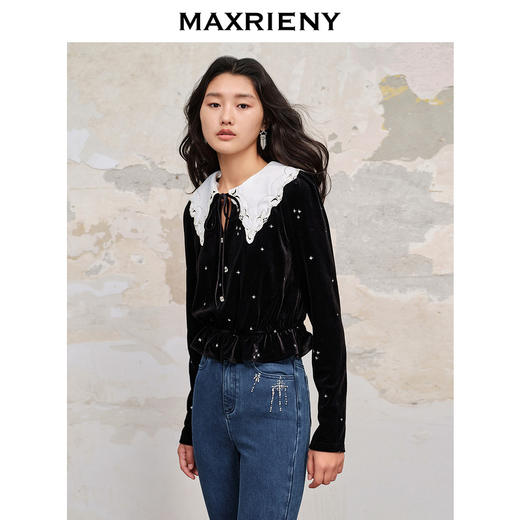 MAXRIENY轻奢摩登烫钻丝绒雪纺衫修身上衣(货号:MC88TP575) 商品图2