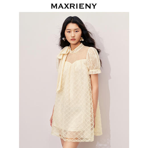 MAXRIENY浪漫度假风连衣裙网纱拼接设计2024夏款泡泡袖a摆裙子(货号:MS85DR296) 商品图2