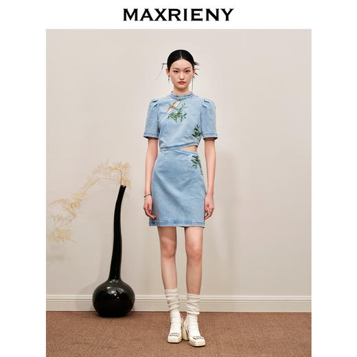 MAXRIENY新中式竹叶提花镂空牛仔连衣裙(货号:MC88DR504) 商品图1